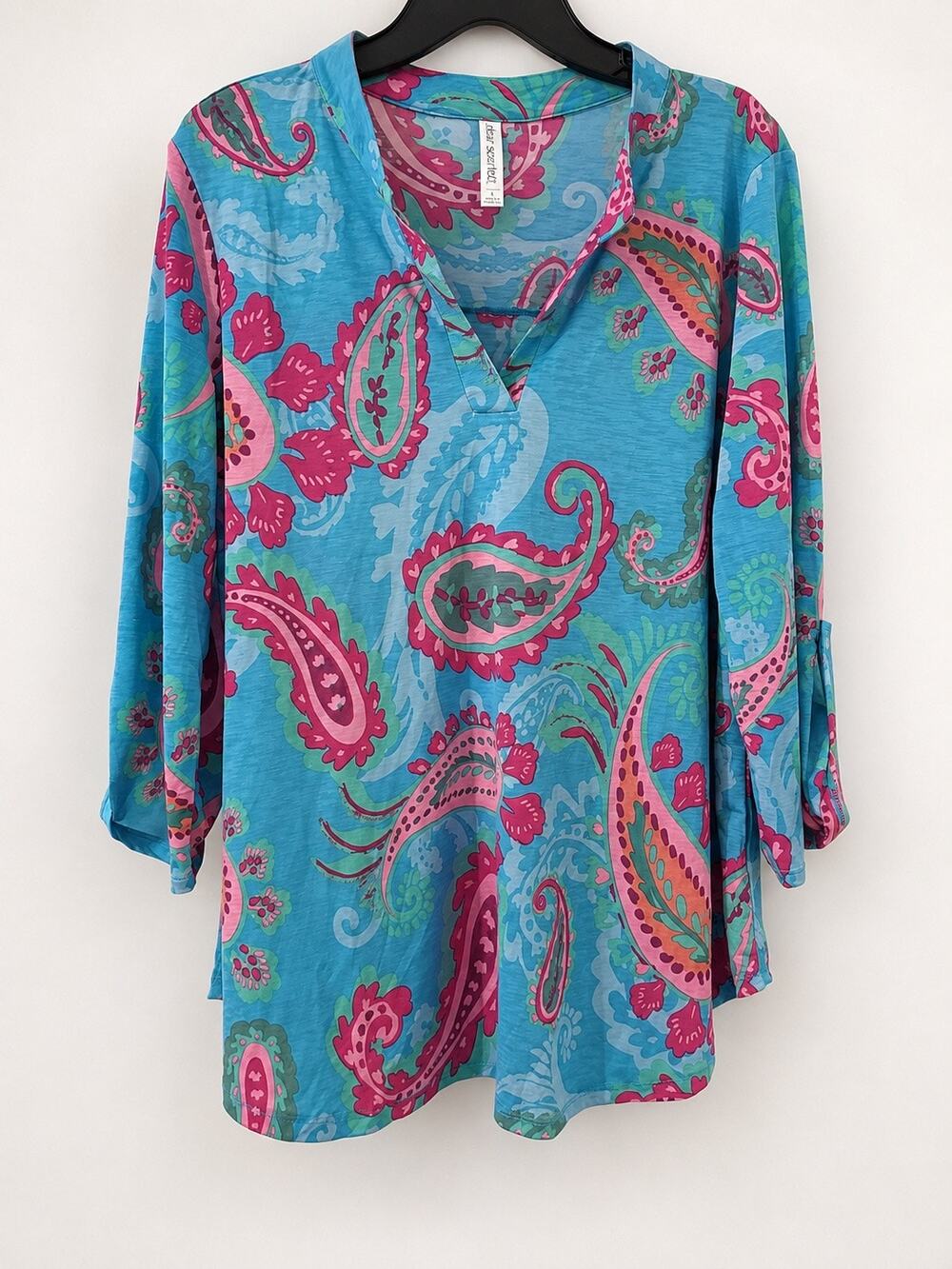 Dear Scarlett Tunic Top L Blue Pink Paisley 3/4 Sleeve Boho Blouse